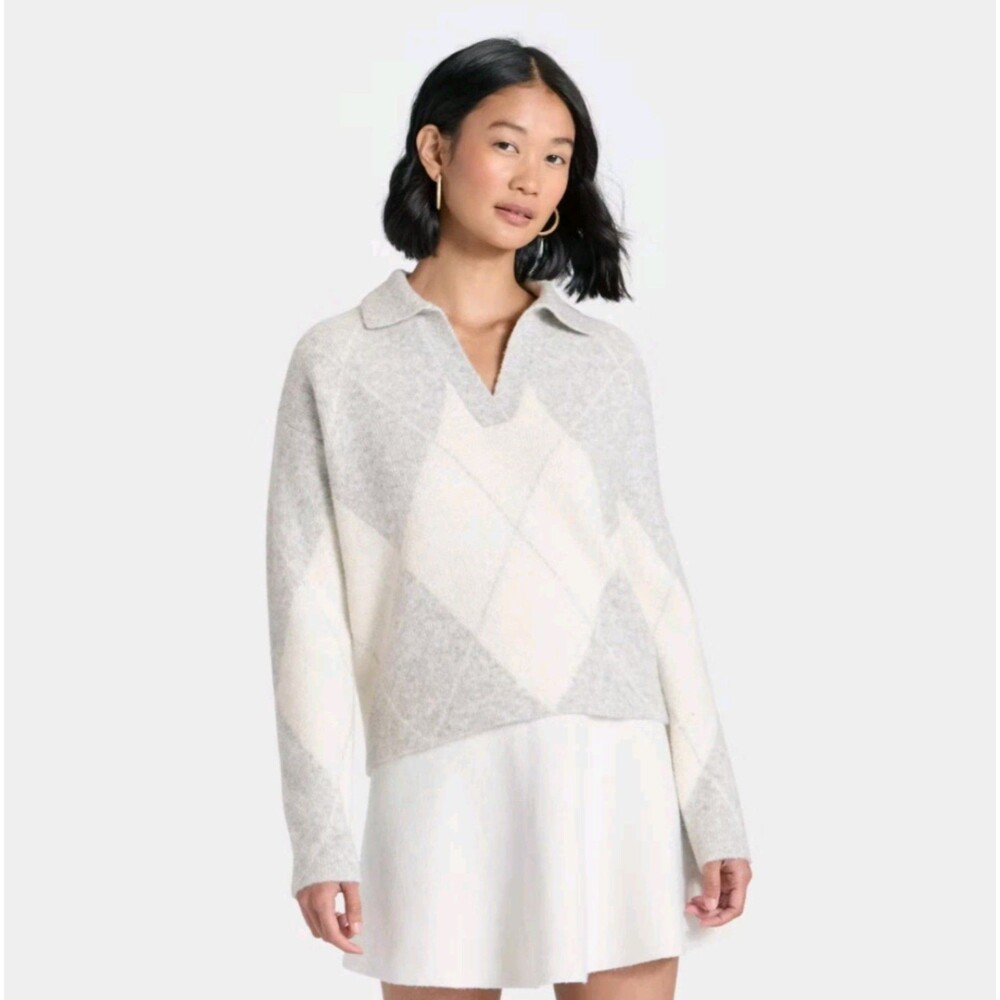 Women's A New Day Polo Collar Cozy Knit Pullover Sweater Gray Cream Argyle XS